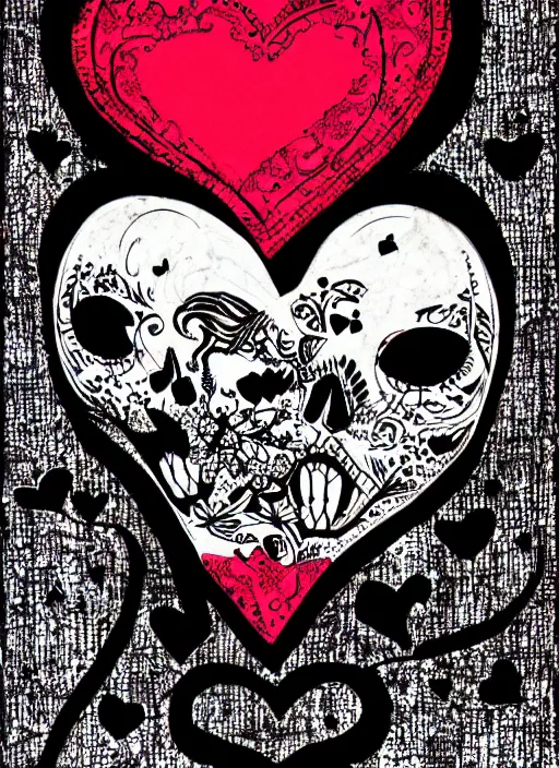 Prompt: goth valentine's day card design, romantic, intricate, hot topic, black bleeding stylized heart