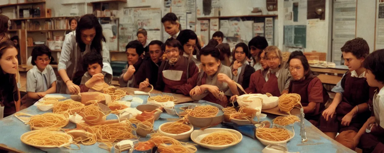 Prompt: aristotle teaching students about spaghetti!, ancient greece, golden hour, kodachrome, in the style of wes anderson, retro