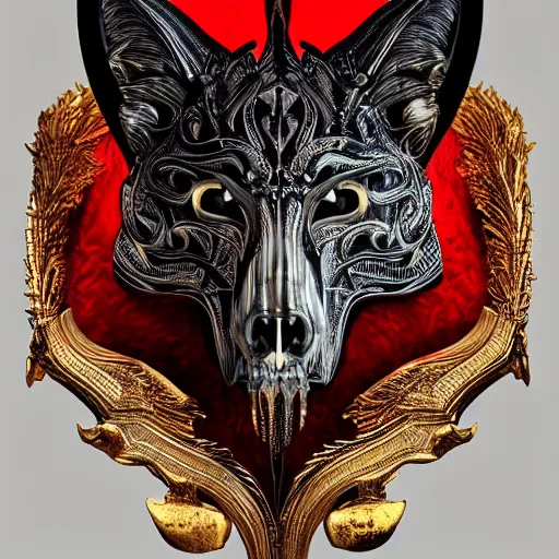 Prompt: portrait closeup of half wolf skull half iroquois warrior skull, dramatic lighting, circural, golden ornaments, symmetric, intricate skeletal decorations, symmetry, highly detailed, concept art, black, glimpse of red, white, gold layers, centered, style of nekroxiii, hyperrealistic, black background, smoke