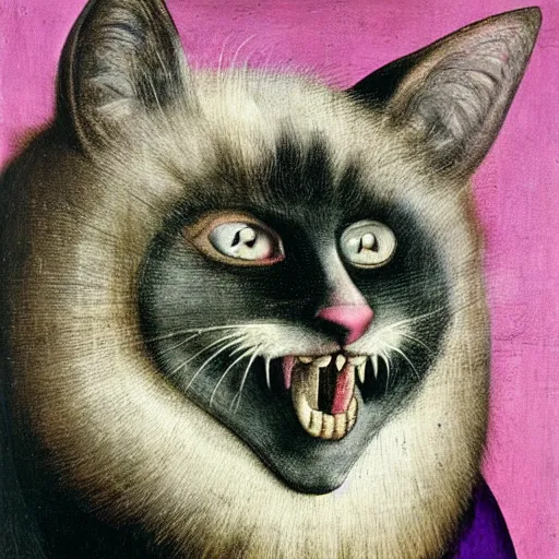 Prompt: portrait of the cat of cheshire bosch with pink and purple striped fur and a huge malicious smile by hieronymus bosch. oil on wood