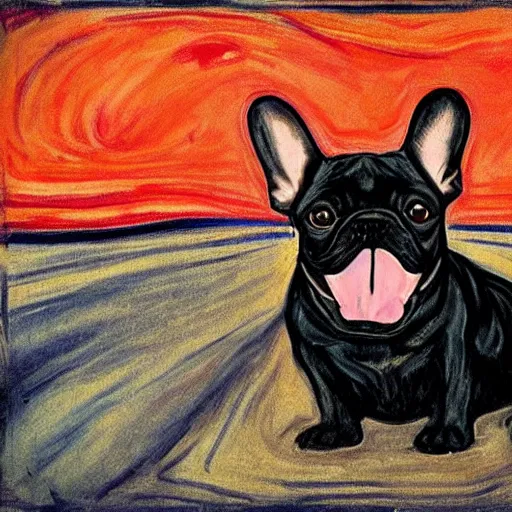 Image similar to french bulldog as the scream by edvard munch