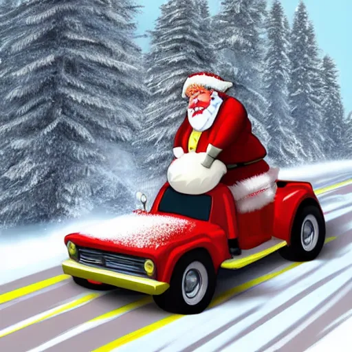 Prompt: Santa Clause driving a rally car he is going fast there is smoke coming from the tires there is snow on the track you can clearly see Santa Clause driving he is fat and jolly, realistic lighting, realistic shadows, highly reflective, photo realistic, hyper realistic