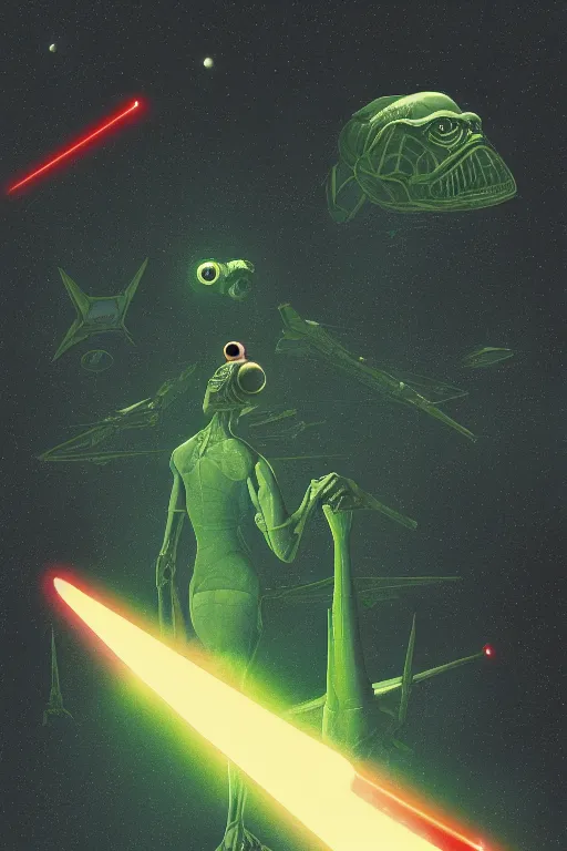 Prompt: reptilian star war with kosmonout using laser weapon Edward Hopper and James Gilleard, Zdzislaw Beksisnski, higly detailed