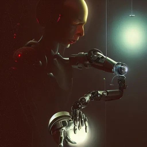 Prompt: A bionic hand holding a glowing orb, cybernetic scifi, deep depth of field, artstation, 8K, highly coherent, enigmatic, oil painting, matte, black background, By Jordan Grimmer