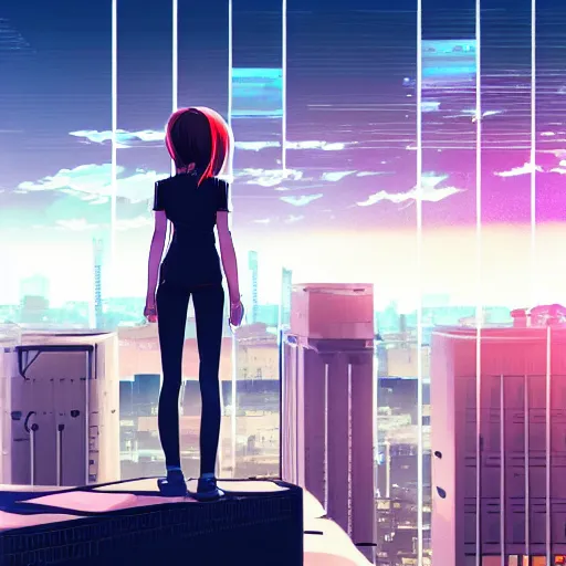 Image similar to a girl stands on top of a multi-storey building, anime style, 4k, cyberpunk city in the background, very detailed, by Ilya Kuvshinov