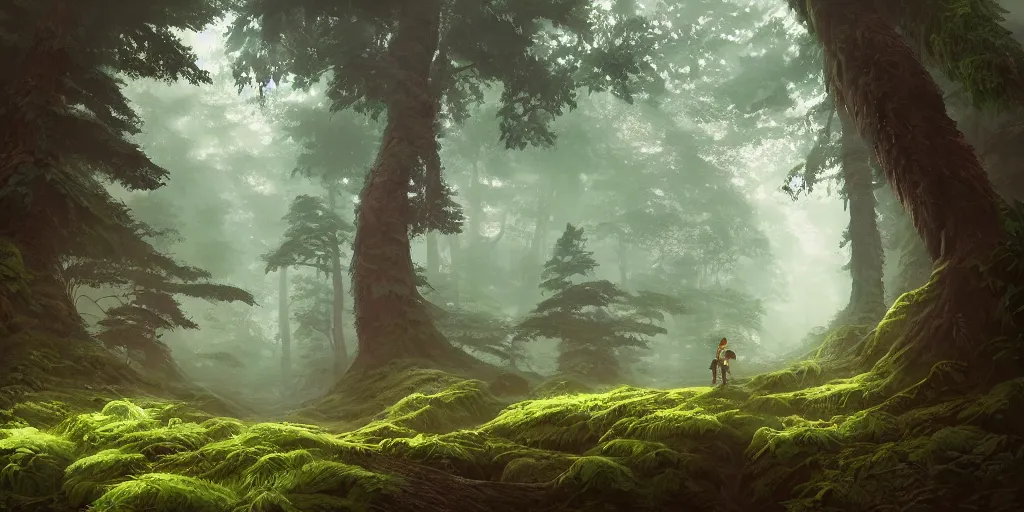 Image similar to A highly detailed matte oil painting of a forest, hyperrealistic, cinematic, breathtaking, beautiful composition, Studio Ghibli, Artgerm, Dan Mumford, rossdraws, James Jean, beeple, volumetric lighting, octane render, 4K resolution, trending on artstation