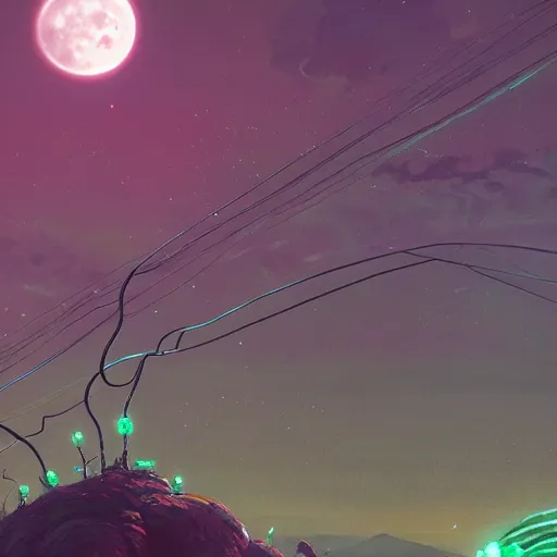 Image similar to alien world made from wires, detailed landscape, intricate complexity, 3 bright moons, green glow, by greg rutkowski, artgerm, ross tran, conrad roset, takato yomamoto, ilya kuvshinov. 4 k, beautiful, cinematic dramatic atmosphere