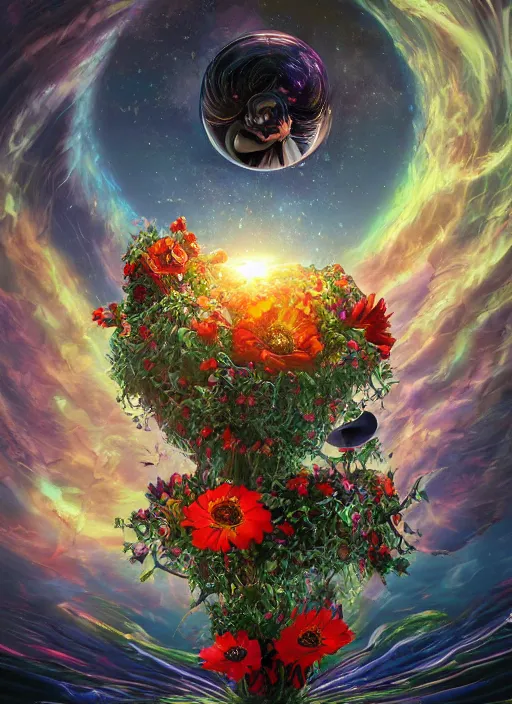 Image similar to An epic fantastic realism comic book style painting of the most beautiful spiraling entwined flowers launched exquisitely across the dark spinning universe, floating bouquets, fisheye, bright exploding sun, unreal 5, DAZ, hyperrealistic, octane render, dynamic lighting