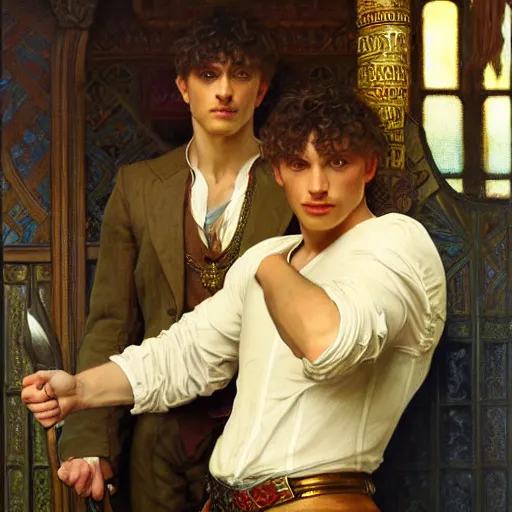 Image similar to manly arthur pendragon and manly merlin. focus on their faces. natural lighting. highly detailed painting by gaston bussiere, j. c. leyendecker, alphonse mucha, greg rutkowski, 8 k