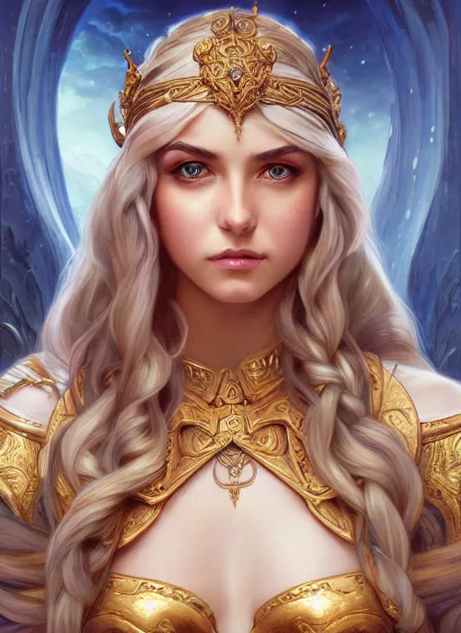 Prompt: Jaina Proudmoore as a Greek Goddess, beautiful detailed eyes, cute, fantasy, intricate, elegant, highly detailed, digital painting, 4k, HDR, concept art, detailed jewelry, smooth, sharp focus, illustration, art by Artgerm, H R Giger and Alphonse Mucha