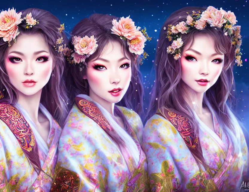 Image similar to two beautiful alluring siberian girls wear fantasy kimono in festival | | sunny night, full moon, dreamlike art, realistic shaded, smile, good looking, hyper details, 4 k realistic, cryengine, realistic shaded lighting poster by artgerm, ross tran, fuji choko, 8 k resolution, trending on artstation, luxury