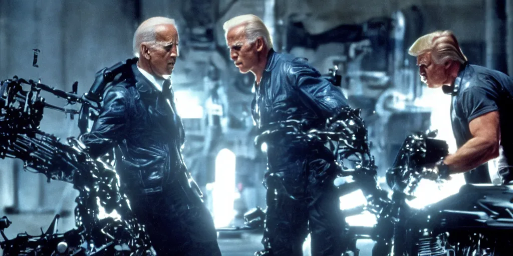 Image similar to joe biden in the terminator shooting terminator donald trump, cinematic, two characters, highly detailed, photorealistic, cinematic lighting, James Cameron, hr GIGER