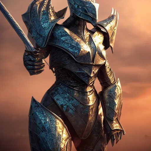 Image similar to highly detailed realistic stunning shot of a beautiful anthropomorphic female dragon knight, doing a majestic and elegant pose, armor made of steel, sharp claws and tail, HD octane render, epic cinematography, Artstation, Deviantart, Furaffinity