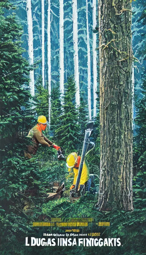 Image similar to movie poster of loggers cutting douglas firs, highly detailed., hyper realistic, large text, bright colours