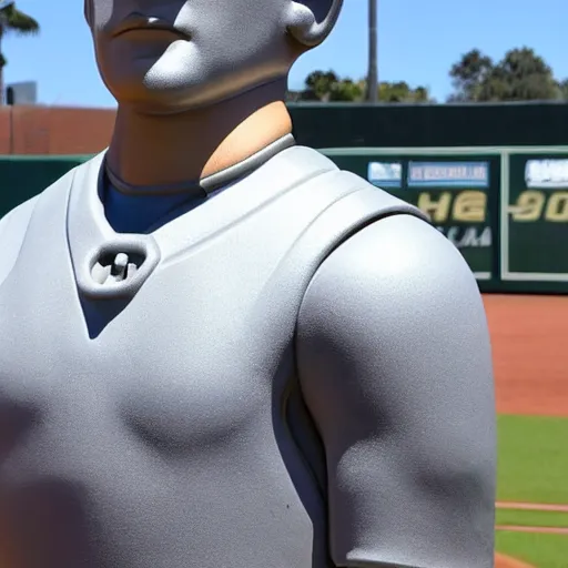 Prompt: “a realistic detailed photo of a guy who is an attractive humanoid who is half robot and half humanoid, who is a male android, baseball player Mike Trout, shiny skin, posing like a statue, blank stare, on the baseball field, on display”