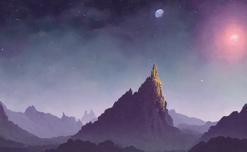 Prompt: mountains, stars and paisley filled sky, artstation, intricate, highly detailed, digital painting, concept art, sharp focus, illustration by Roger Dean and Raphael Lacoste