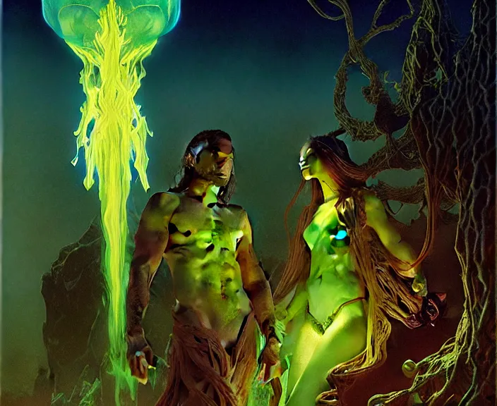 Image similar to the female arcanist and the male artificer by albert bierstadt and gerald brom and zdzisław beksinski and james gilleard, highly detailed, hyperrealistic, intricate, floating metallic objects, blue flames, low light, glowing green crystals