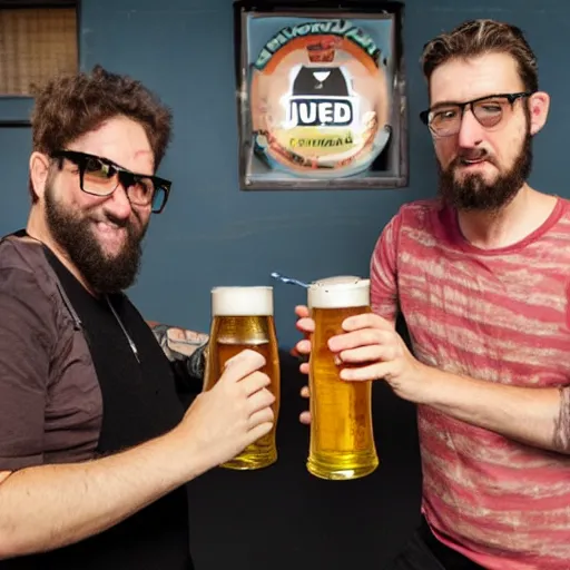 Prompt: 2 members of turbojugend stand and drink beer