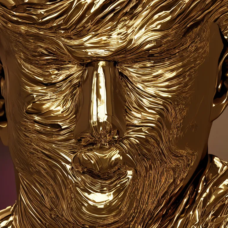 Image similar to octane render portrait by wayne barlow and carlo crivelli and glenn fabry, a giant shiny smooth reflective colorful patterned metal statue of a face by jeff koons wrapped in folded white silk, cinema 4 d, ray traced lighting, very short depth of field, bokeh
