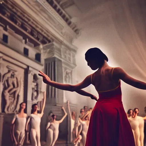 Image similar to , a woman filling ballet surrounded by a crowd of ancient civilisations 5 0 mm lens, f 1. 4, sharp focus, ethereal, emotionally evoking, head in focus, volumetric lighting, 8 k