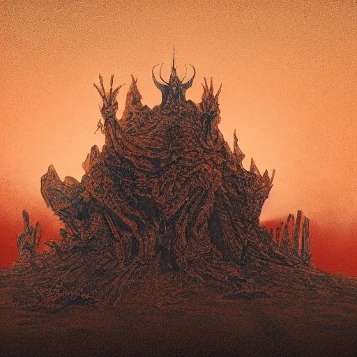 Prompt: Satanic church on a desert, red moon, by Dariusz Zawadzki and zdzisaw beksinski, imax film quality, trending on Artstation