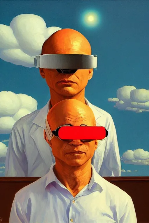 Prompt: sathoshi nakamoto wearing oculus and bitcoin over his head edward hopper and james gilleard, zdzislaw beksisnski, higly detailed