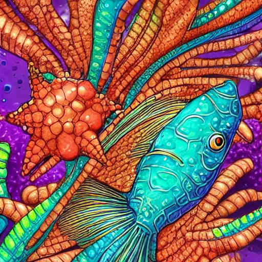 Image similar to coral underwater colorful, fantasy, intricate, highly detailed, little fish and sea life digital painting, hd, trending on artstation, illustration, fine lines, sharp edges, colourful,