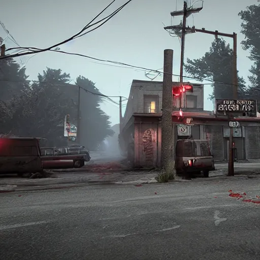 Prompt: mayberry rfd, main street with Andy Griffith, in silent hill style horror zombies death unreal engine