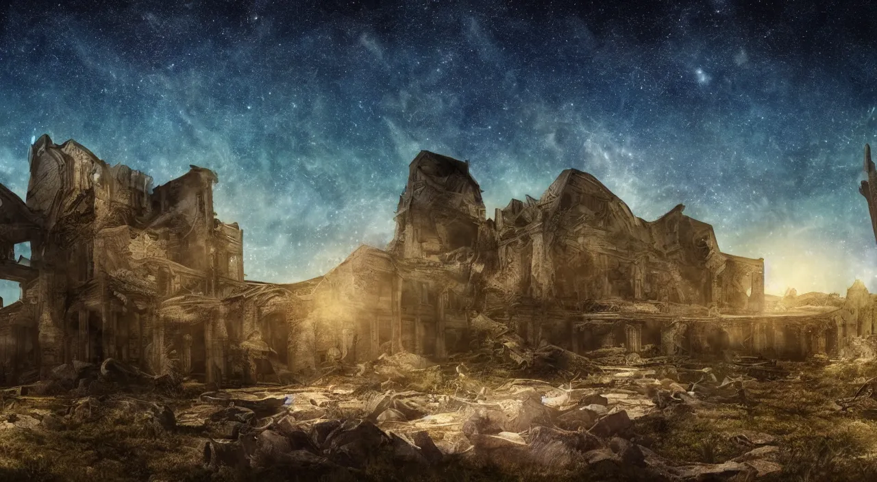 Prompt: matte painting of a giant extraterrestrial creature sleeping in the ruins in the mountains under starry sky
