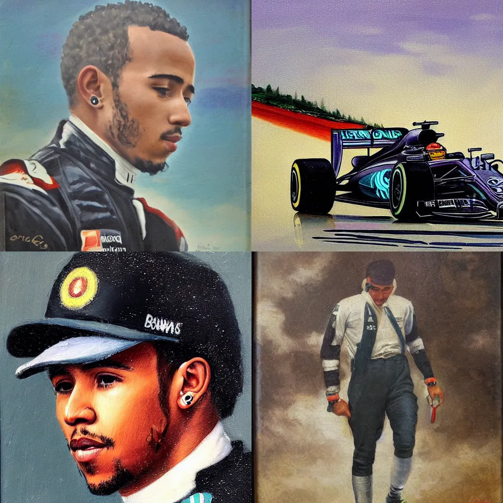 Prompt: Romanticist painting of Sir Lewis Hamilton