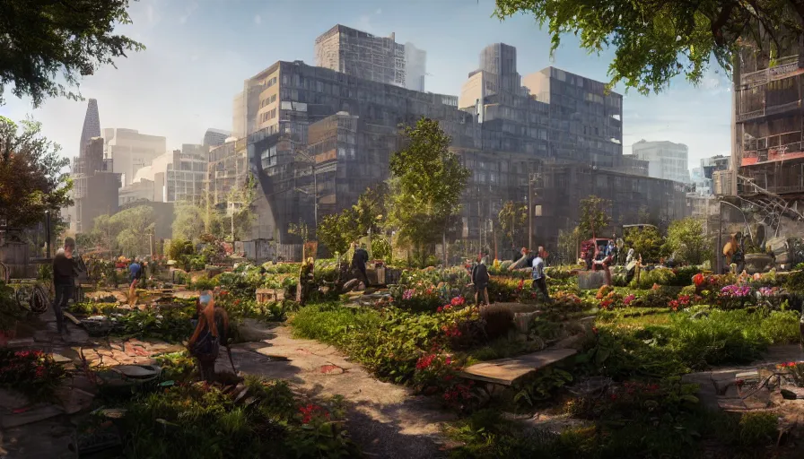 Image similar to craft garden with people working on it built in destroyed washington dc, sunny day, volumetric light, hyperdetailed, artstation, cgsociety, 8 k