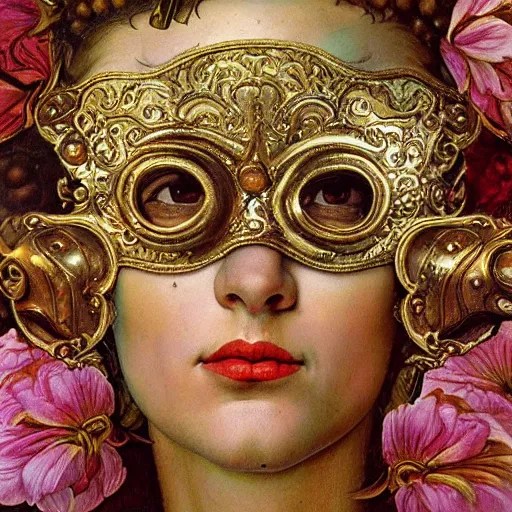 Prompt: a baroque neoclassicist close - up renaissance portrait of a carnivale eyemask made from flowers, reflective detailed textures, highly detailed fantasy science fiction painting by moebius, norman rockwell, frank frazetta, and syd mead and tino rodriguez. rich colors, high contrast. artstation