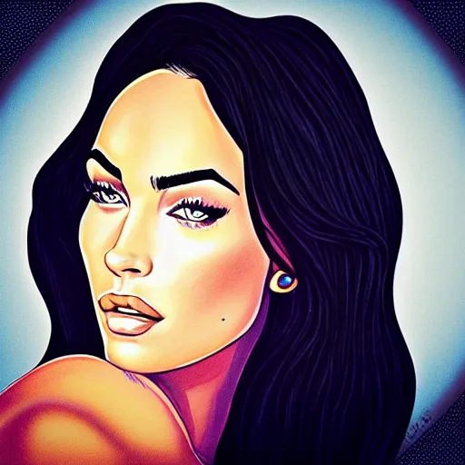 Image similar to “Megan Fox portrait, color illustration by theflowerguy”