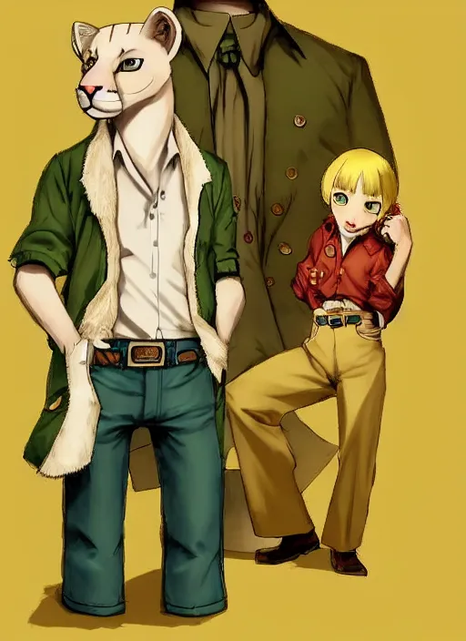 Prompt: character portrait of a anthro albino mountain lion wearing a yellow button-down shirt and green slacks at an old-timey saloon. hidari, color page, tankoban, 4K, tone mapping, Akihiko Yoshida.