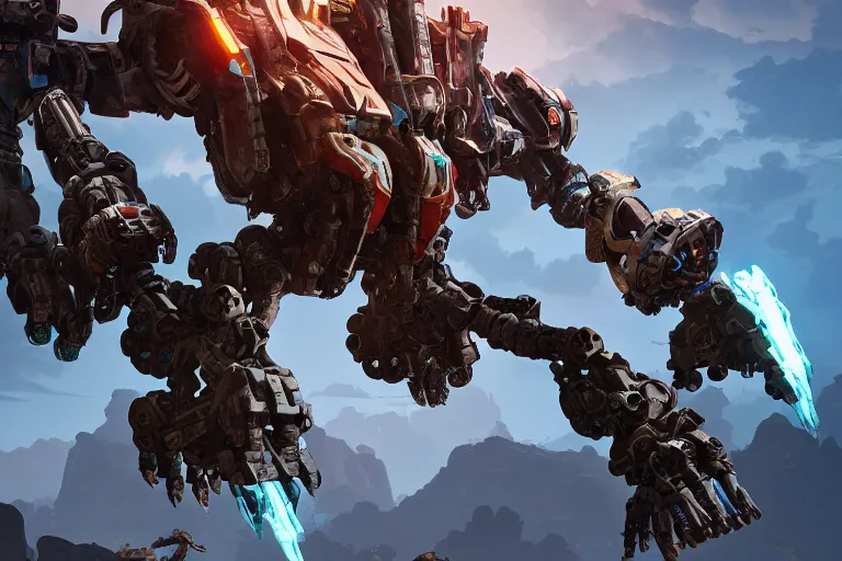 Image similar to thunderjaw machine mecha animal beast robot of horizon forbidden west horizon zero dawn bioluminiscence global illumination ray tracing hdr fanart arstation by sung choi and eric pfeiffer and gabriel garza and casper konefal