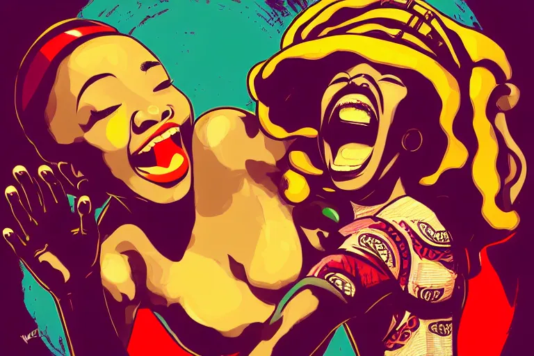 Image similar to mama africa laugh at her child!!! pop art, pixel, bioshock, gta chinatown, artgerm, richard hamilton, mimmo rottela, julian opie, aya takano, intricate, sharp focus, concept art, smooth, focus on details