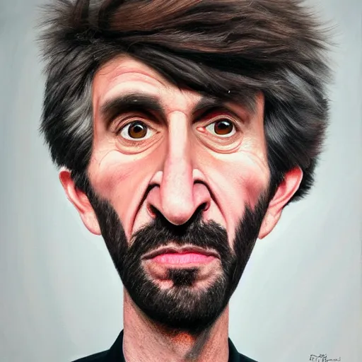 Image similar to Caricature portraits done of Gruff Rhys, realistic, hyperrealistic, very realistic, highly detailed, very detailed, extremely detailed, detailed, oil painting, digital art, trending on artstation