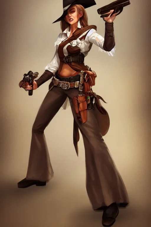 Image similar to full body, female cowgirl, perfect face, white blouse, long rifle, 8 k, magic the gathering, desert, d & d, artstation