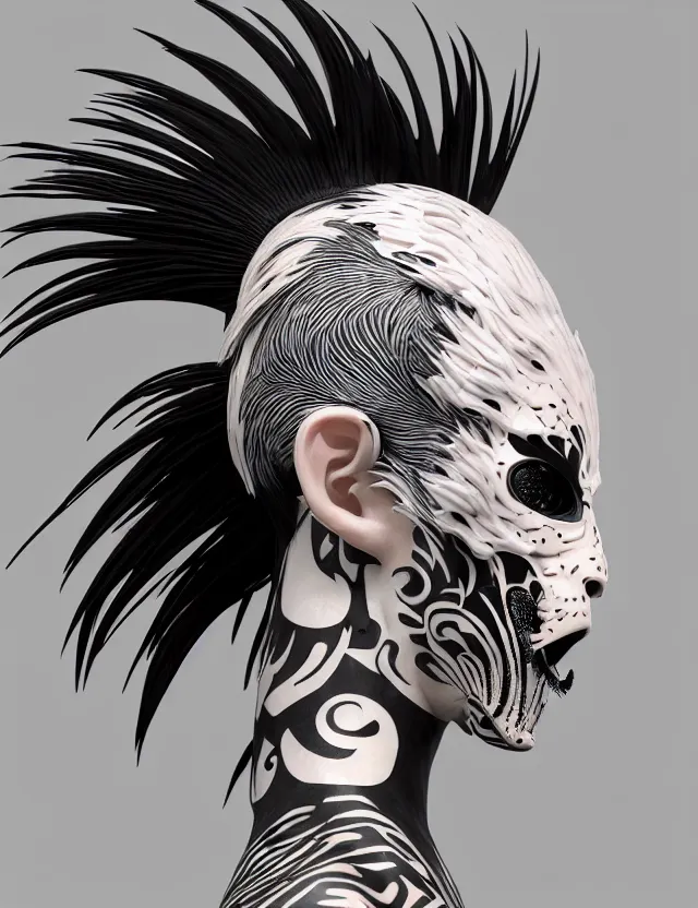 Image similar to 3 d goddess close - up profile simple portrait punk with mohawk with tiger skull. beautiful intricately detailed japanese crow kitsune mask and clasical japanese kimono. betta fish, jellyfish phoenix, bio luminescent, plasma, ice, water, wind, creature, artwork by tooth wu and wlop and beeple and greg rutkowski