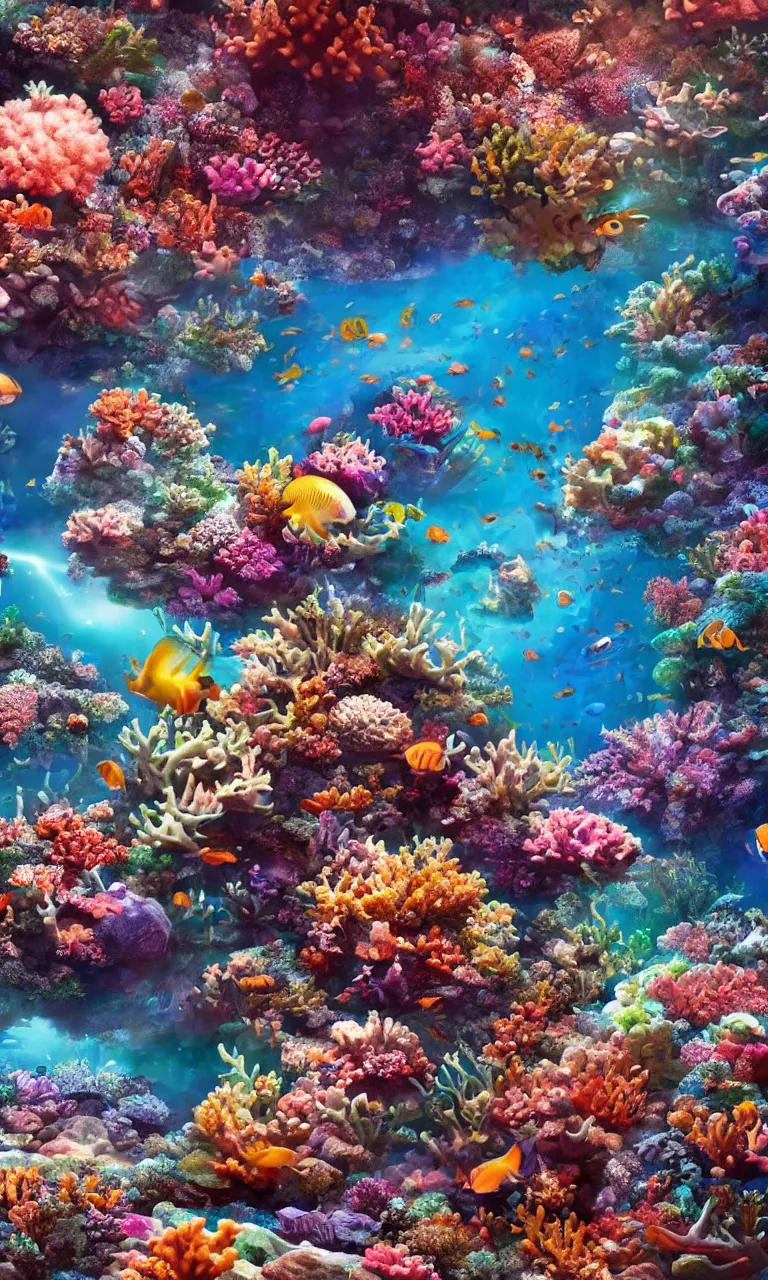 Prompt: a beautiful coral reef full of life and rays of light from the surface, trending on artstation, highly detailed, intricate detail, photorealistic, lifelike, realism, 8 k resolution, volumetric lighting, global illumination, specular highlights