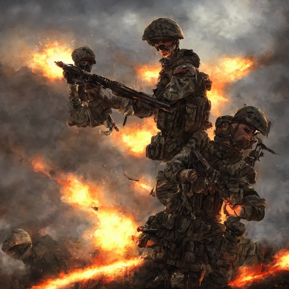 Image similar to firing attacking modern infantry soldiers artstation 4 k hd digital art