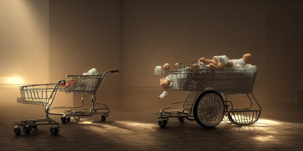 Image similar to diapers diapers diapers diapers diapers, shopping cart, dim volumetric lighting, 8 k octane beautifully detailed render, post - processing, extremely hyper - detailed, intricate, epic composition, cinematic lighting, masterpiece, trending on artstation, detailed detailed detailed, masterpiece, stunning art, wonderful masterpiece, beautiful cinematic light