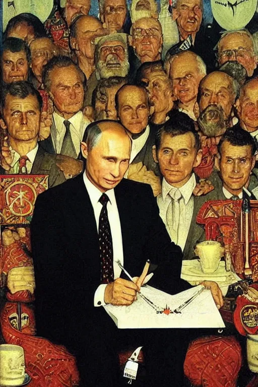 Image similar to vladimir putin. masonic occult painting by norman rockwell