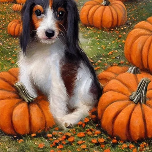 Image similar to a cute long haired jack russell puppy, white with brown spots and a brown patch over each eye, amidst piles of pumpkins. halloween autumn fall art. beautiful painting by henriette ronner - knip and artgerm and greg rutkowski