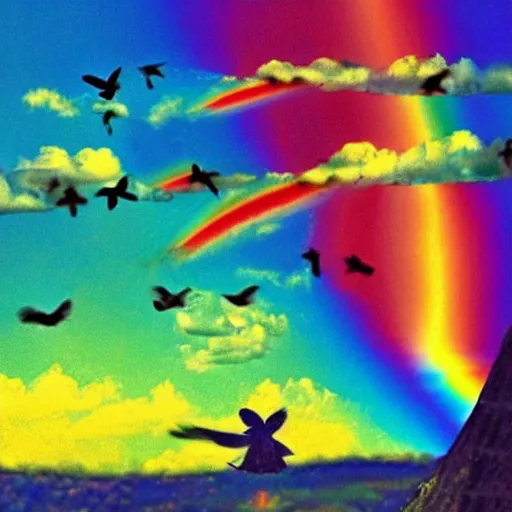 Prompt: somewhere over the rainbow bluebirds fly and the dreams that you dream of dreams really do come true