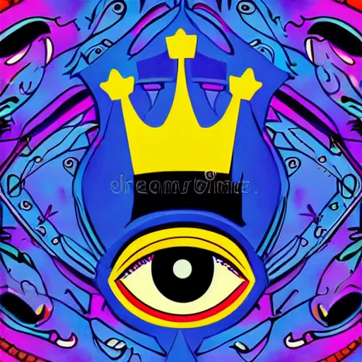 Prompt: a glowing crown sitting on a table with one beautiful eye mounted on it like a jewel, night, psychedelic, bold black lines, flat colors, minimal 1 9 6 0 ss poster illustration