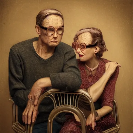 Image similar to a beautiful ultradetailed fine art old vintage couples portrait photo of cyborgs sitting on a chair and standing, by tom bagshaw and zach sutton, couples portrait, vignette, 3 5 mm lens, golden ratio composition, studio photography, very detailed, humanoids, artstation, 8 k, highly coherent