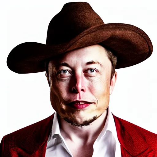 Image similar to photo of elon musk as a musketeer, he has a big black hat with a red feather, he is holding a shiny rapier sword and he is looking straight to the camera, brown background, studio lighting, 4 k, 8 k