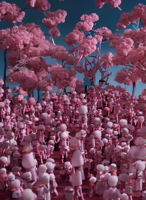 Image similar to room full of giant sakura people made out of pipecleaners in a baroque style of Jean-Michel Basquiat, 3D cinematic lighting, spotlight at a 90 DEGREE ANGLE, photorealism, octane render, depth of field, 8k, 35mm, artgem, Trending on artstation