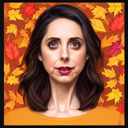 Prompt: gorgeous female Alison Brie, realistic character concept, full body, fall dress, autumn leaves, orange yellow, medium shot, shorter neck, illustration, symmetrical face and body, realistic eyes, cinematic lighting, detailed realistic symmetrical eyes, symmetrical nose, symmetrical pupils, symmetrical nostrils, face by artgerm, symmetrical nose, cgsociety, 8k, high resolution, Don Bluth, Joshua Middleton, Charlie Bowater, Tom Bagshaw, single face, insanely detailed and intricate, beautiful